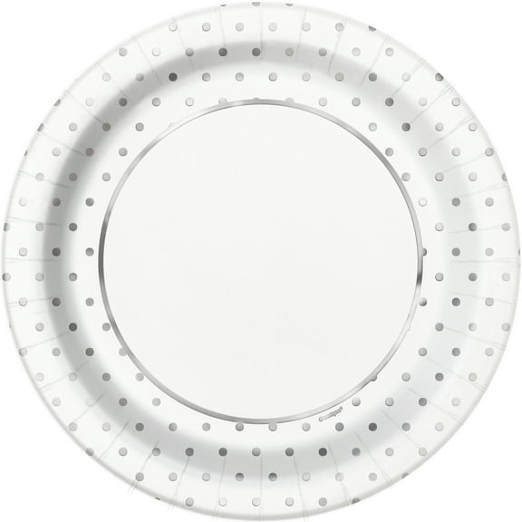 Foil Elegant Silver Polka Dot Paper Dinner Plates, 9 in, 8ct