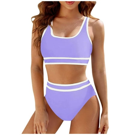 JIANJIA Swim Suits for Women Summer Color Block Round Neck Sleeveless Camisole Bra And Panty Set High Waist Sports Two Piece Tankinis Swimwears Activewear Purple M