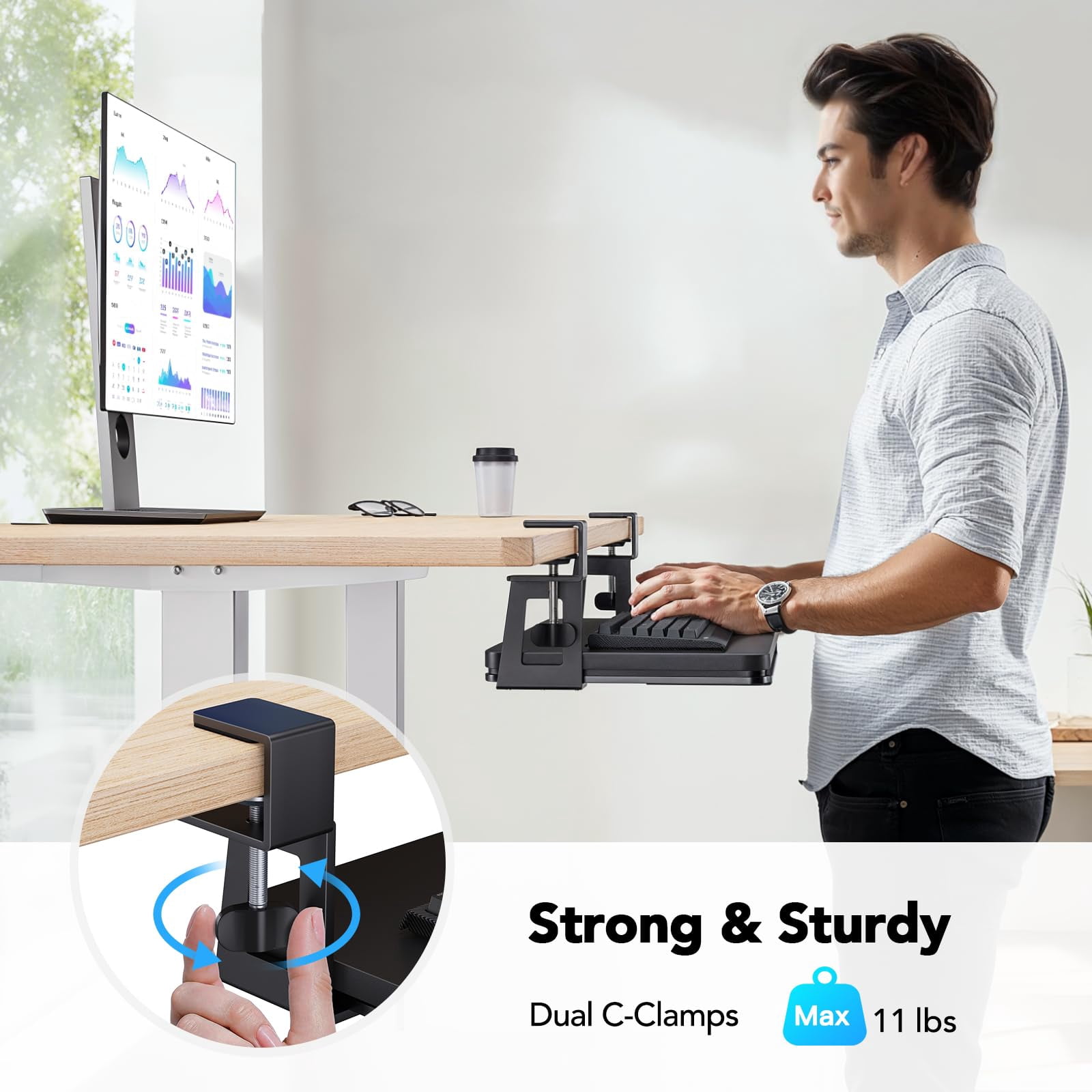 Large Under Desk Tray With Sturdy C-clamp Mount  26 (30.16" Including Clamps) X 12 Inch Slide-out Platform Computer Heavy Duty Storage Drawer For Typing Black