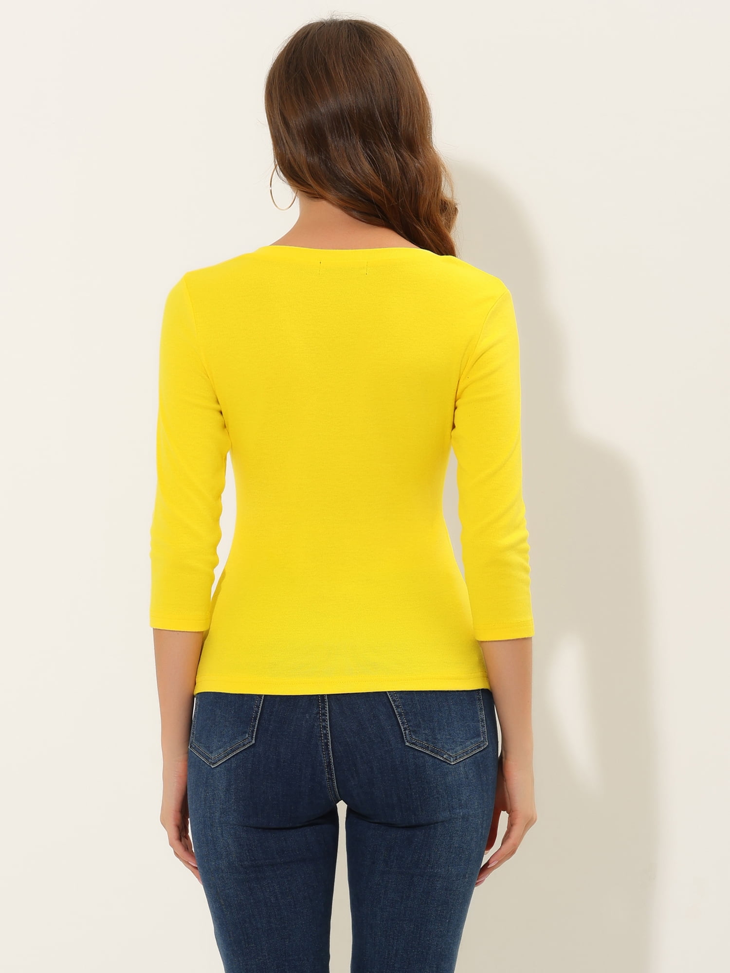 DARING DIVA V Neck Knitted Buttons Decor Ruched Blouse Top XS Lemon Yellow