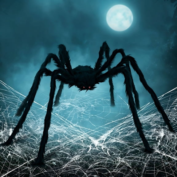 Joyfy 5 ft Scary Giant Spider Halloween Decorations Outdoor,Poseable Spider Lifelike Hairy Prop for Yard,Haunted House,Tree or Porch Party Decorations,Black