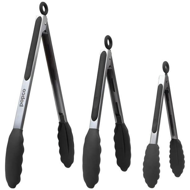 Juego de pinzas de cocina POPCO de acero inoxidable con puntas de silicona