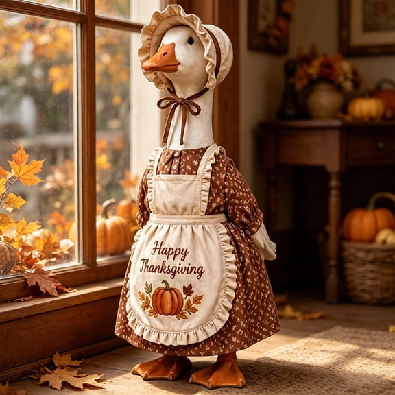 SHENGXINY Porch Goose Outfit, Vintage Thanksgiving Pumpkin Dress with Apron Goose Clothes for Yard Patio Fall Front Door Decor Brown 23 in