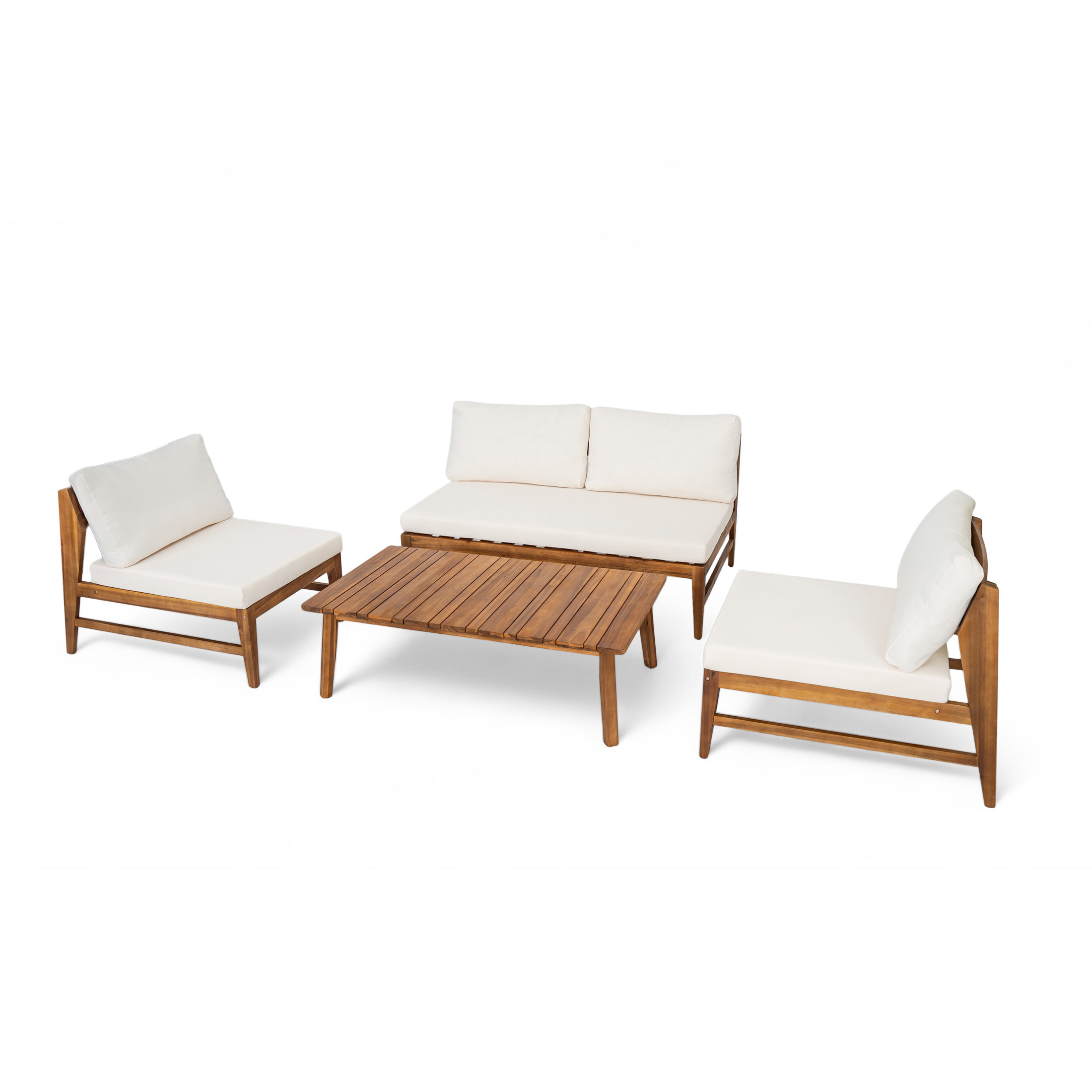 Christopher Knight Home 4-Piece Outdoor Patio Deep Seating Conversation Set, Cream Cushions, Acacia Wood Frame, Teak
