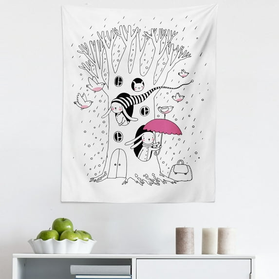 Magic Tapestry, Minimalist Habitat Drawing with Rabbits Tree Hole Houses in Rainy Day Hollow Design, Fabric Wall Hanging Decor for Bedroom Living Room Dorm, 5 Sizes, White Pink, by Ambesonne