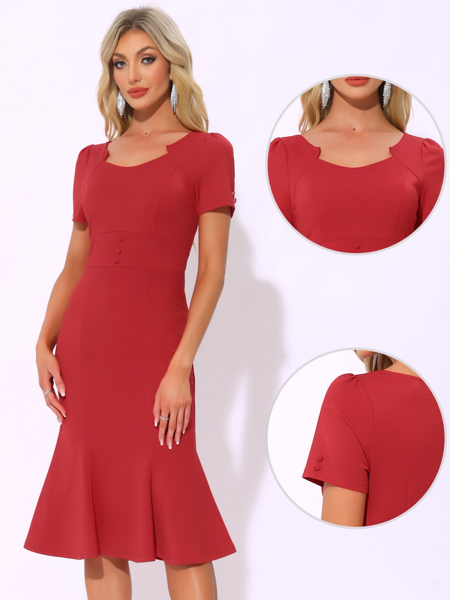 DARING DIVA Women's Office Fishtail Short Sleeve Sheath Dresses XS Red