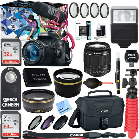 Canon EOS Rebel T6i Digital SLR Camera Video Creator Kit 18-55mm Zoom Lens, Rode Video Mic, 32GB + 64GB SDXC Memory Bundle + Pro Wide Angle Lens + 2x Telephoto Lens Converter +Extra Battery+DSLR Bag