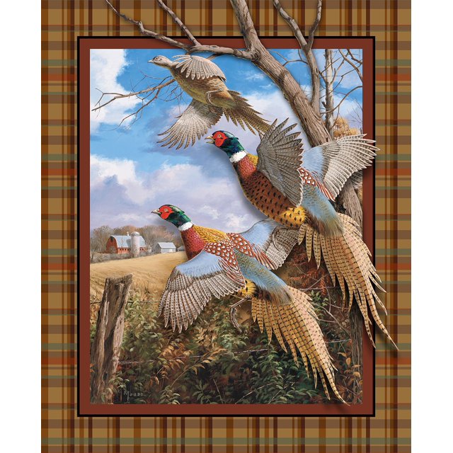 Wild Wings Crested Ringneck Flying Birds Cotton Fabric Wall Panel