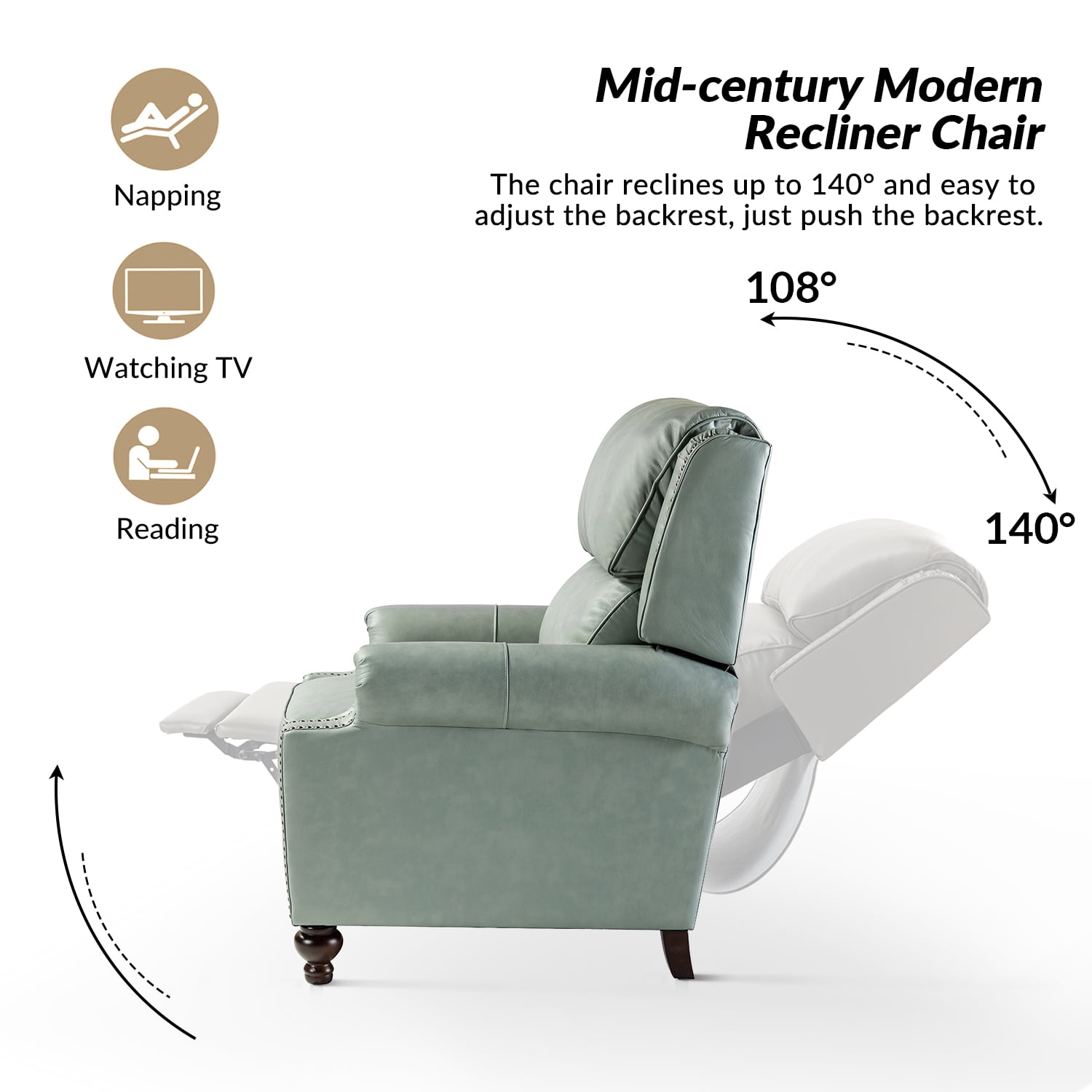 Mid Century Genuine Leather Pushback Recliner Chair with Nailhead Trim Sage
