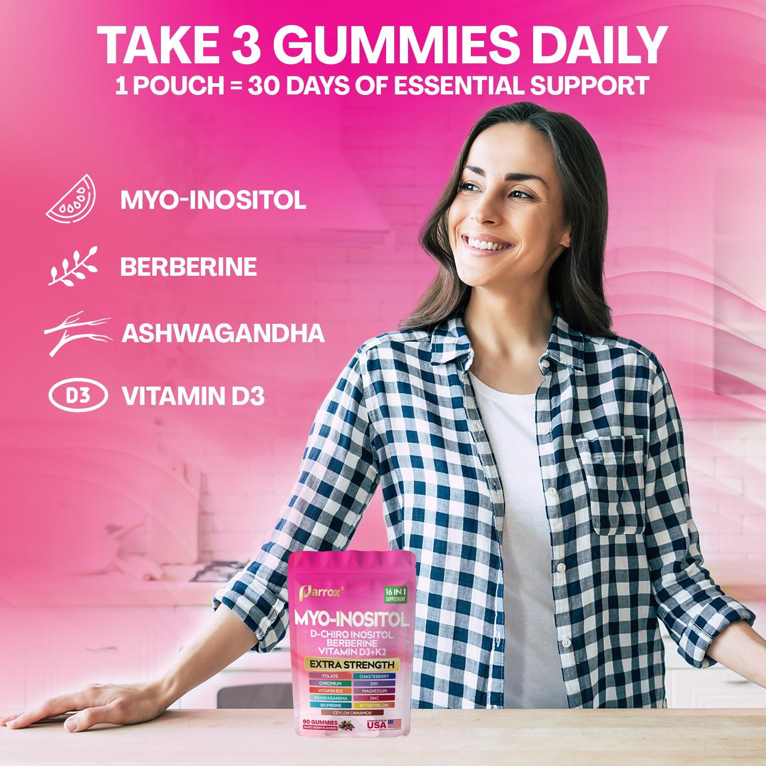 Parrox Myo-Inositol & D-Chiro Inositol Gummies with Berberine, Vitamins D3 K2 B12, Folate, Zinc, Magnesium, Ashwagandha, Chasteberry, BioPerine & DIM – 16-in-1 Mixed Berry Supplement – 90 Gummies