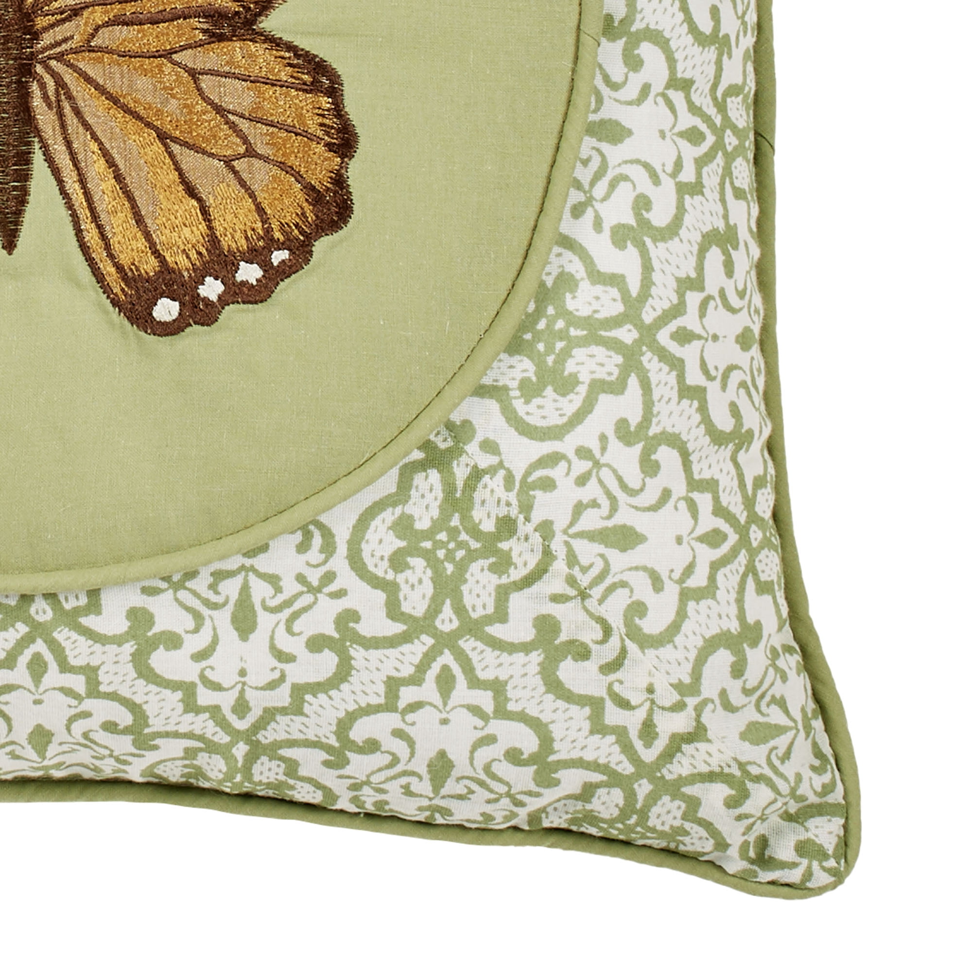 Butterfly Eden Embroidered Butterfly on Moss Green Pillow 16 Inches Square