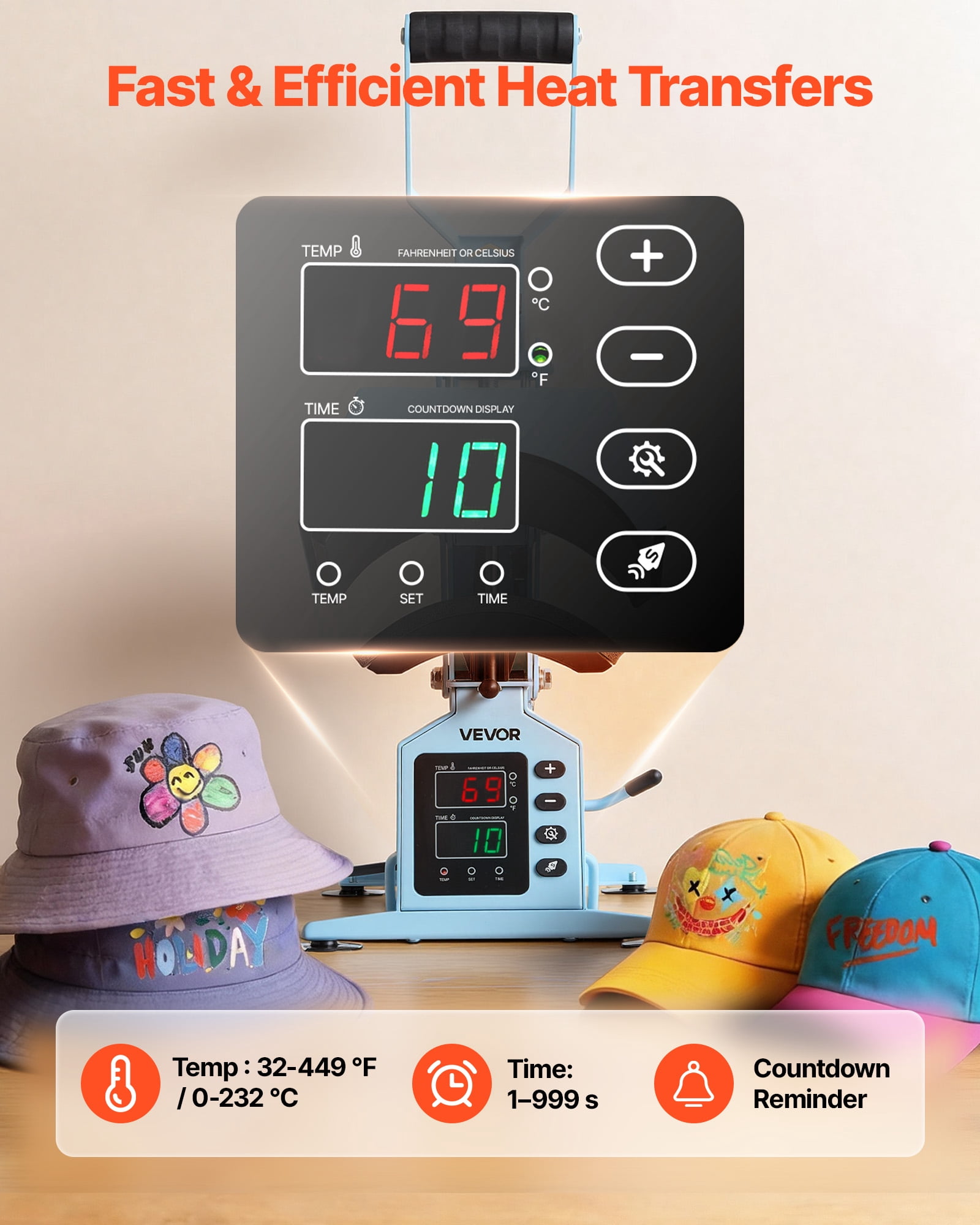 VEVOR Hat Heat Press Machine, with 2 Interchangeable Platens and Caps Stretcher, Precise Temperature & Time Control, Heat Press for Hats and Caps, for HTV Iron On and Sublimation Projects, Light Blue