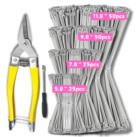 152pcs Heavy Duty Metal Zip Ties (With Tie Cutter) 4 Size Of 11.8 Inch 9.8 Inch 7.8 Inch 6Inch Multi-purpose Cable Ties, Suitable For Fixing Fences, Pipes, Etc. Outdoor.