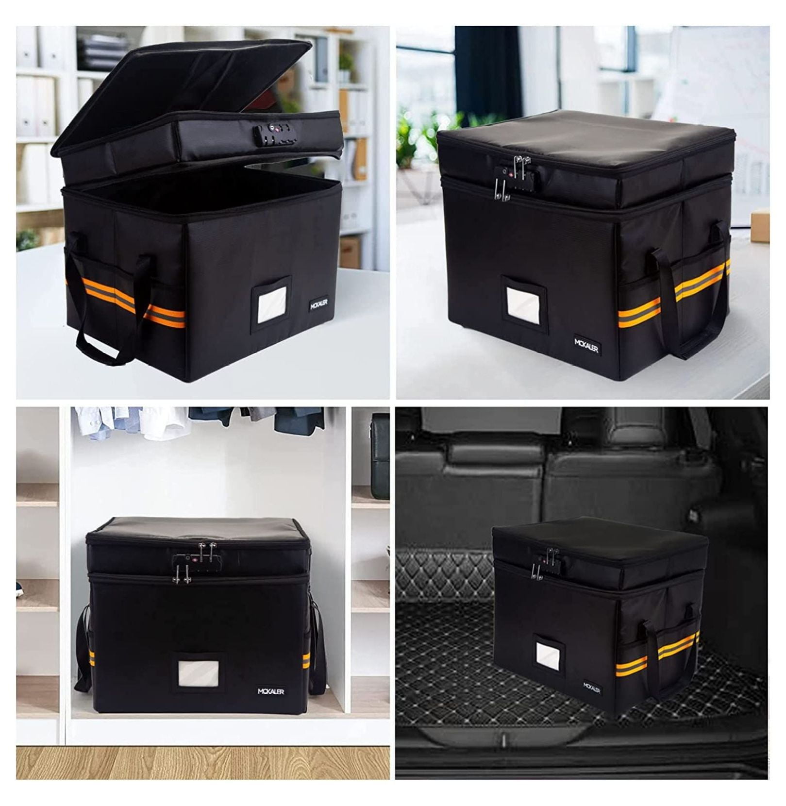 File Box; Fireproof Document Box; with Lock; Upgraded 2 Layer Water-resistant Organizer; Portable; Collapsible Storage Cabinet; Reflective Strip Black