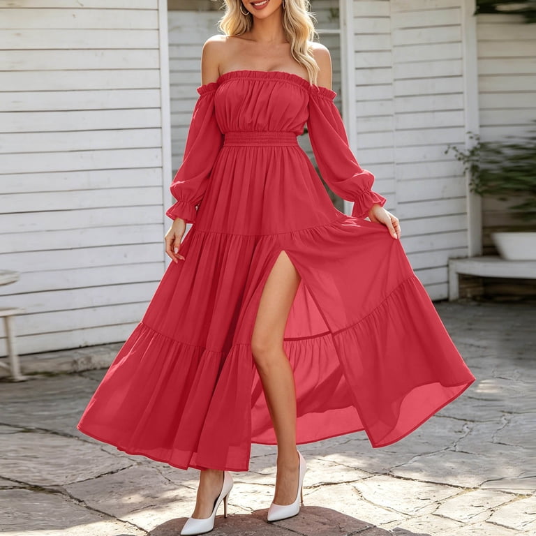 Women's 2026 Boho Off Shoulder Wedding Guest Dress Long Sleeve Smocked High Waist Side Split Flowy Line Tiered Long Maxi Dress(Red,S), Size: Small