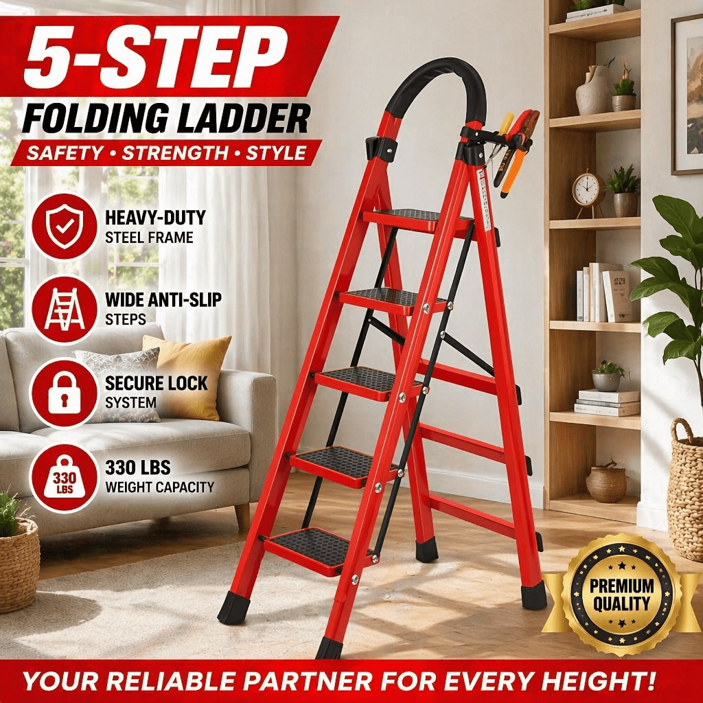 Heavy-duty 5-step folding ladder, 500-pound high-load capacity telescopic portable foldable ladder withsafety handrails, anti-tip stool-style design, sturdy and durable, suitable for home use, in