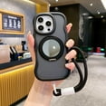 thumbnail image 2 of Dteck with Strap for iPhone 16 Pro Case with 360° Rotatable Magnetic Ring Stand Compatible with Mag-Safe Built-in Mirror Curly Wave TPU Frame Translucent Matte PC Cover for Women Men, Black, 2 of 12