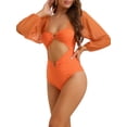 thumbnail image 4 of Bikini de una pieza con escote en V, mangas largas, malla y control de abdomen, color naranja claro, talla X-Large, 4 of 5