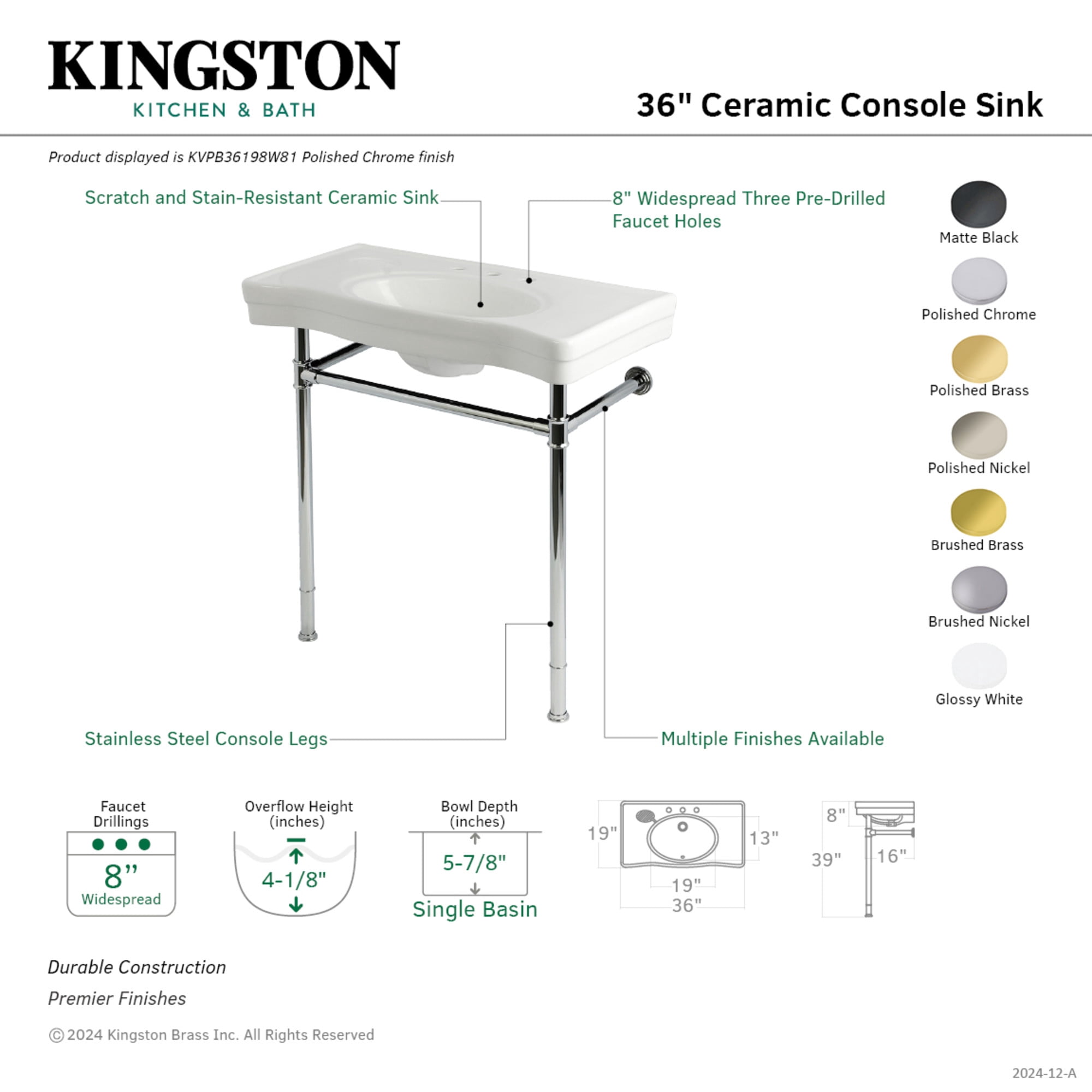 Kingston Brass KVPB36198W86 Imperial 36" Ceramic Console Sink with Stainless Steel Legs (8-Inch, 3-Hole), White/Polished Nickel
