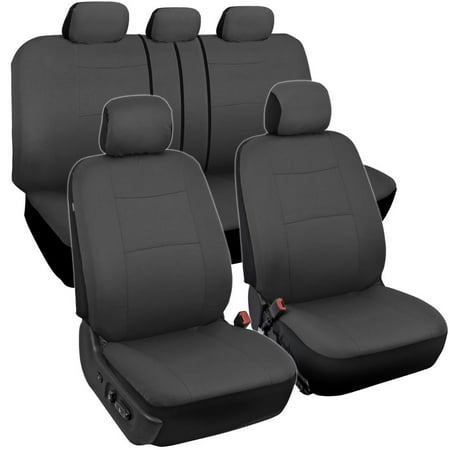 BDK Charcoal Black Car Seat Covers Full 9pc Set - Sleek & Stylish - Split Option Bench 5 Headrests Front & Rear