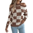 thumbnail image 2 of Women'S Color Block Checkered Off-Shoulder Long Sleeve Y2K Knitted Pullover Tops Vintage Sweater Coffee Color M, 2 of 9