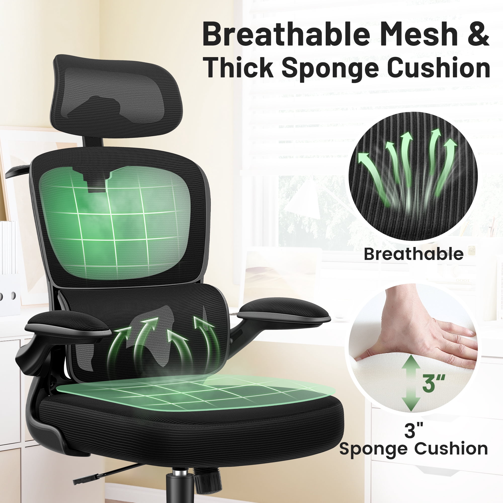 ATHOPE Ergonomic Office Chair, Desk Chair with Adjustment Lumbar Support and Headrest, Mesh Comfy High Back Computer Chair with Flip Up Arms for Home Office, Black