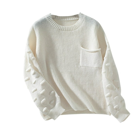 Kaemgyyd Sweaters for Women Trendy Crewneck Long Sleeve Solid Color Crochet Tops Knit Fall Loose Pullover with Pockets
