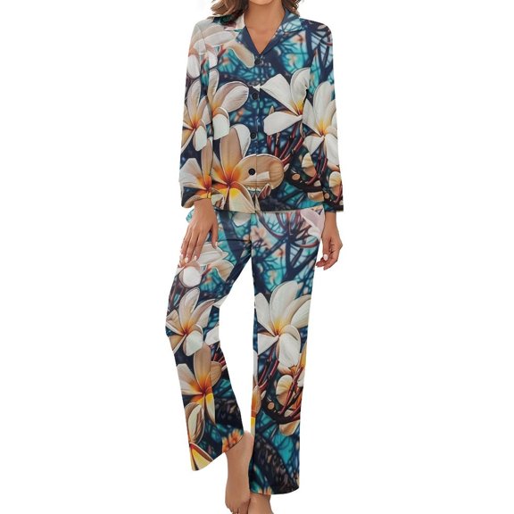 PoBuds Women's Long Sleeve Flannel Pajama Set Sleepwear Plumeria Flowers XL