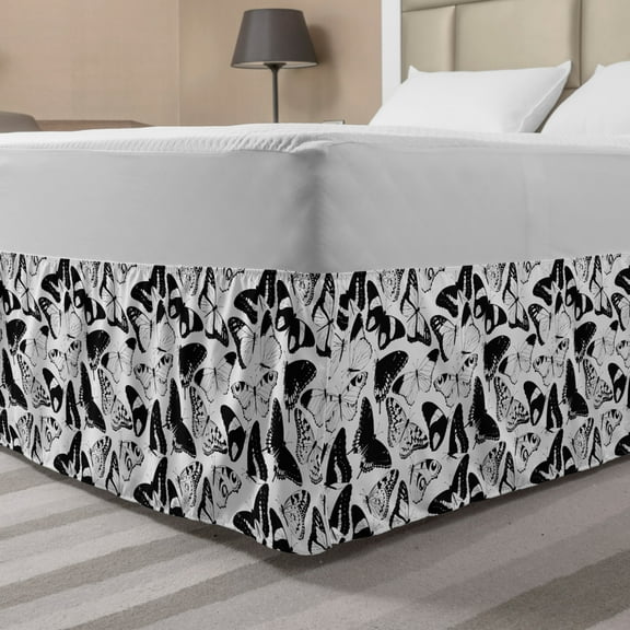 Butterfly Bed Skirt, Bicoloured Silhouettes of Flying Insects with Different Style Wings, Elastic Bedskirt Dust Ruffle Wrap Around for Bedding Decor, 4 Sizes, Charcoal Grey and White, by Ambesonne