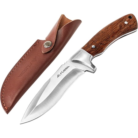 FLISSA Fixed Blade Knife with Sheath 9.8 Full Tang Hunting Knife with High Carbon Steel Blade Non-Slip Rose Wooden Handle Lanyard Hole Camping Knives for Hiking Hunting Survival Camping