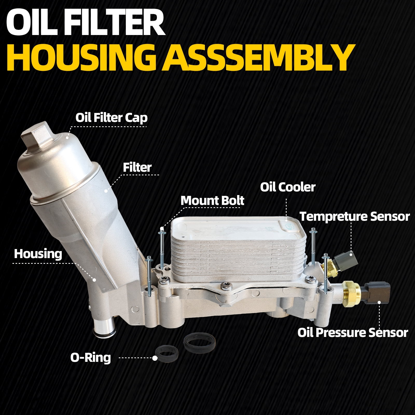 Mitzone Oil Cooler Filter Housing with Aluminum Cap and Sensors Compatible with 2011-2016 Chrysler 200 300 Dodge Charger Challenger Journey Durango Jeep Wrangler Ram ProMaster 3.6L 926-959