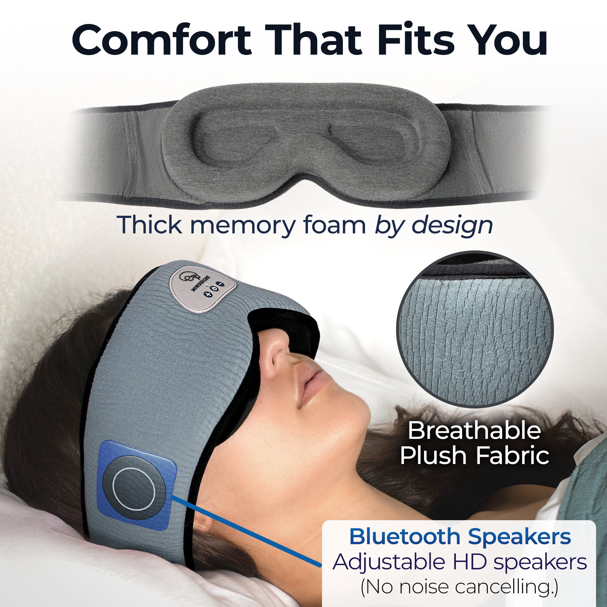 Mindsight DriftBand Sleep Mask with Bluetooth Headphones, Blackout Eye Mask with Memory Foam, Adjustable Ultra Thin Speakers, Rechargeable for Sleep and Travel