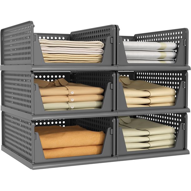 Paquete de 6 organizadores de clóset y contenedores de almacenamiento apilables de plástico, estantes plegables para cajones, para clóset, cocina, baño, recámara, color negro