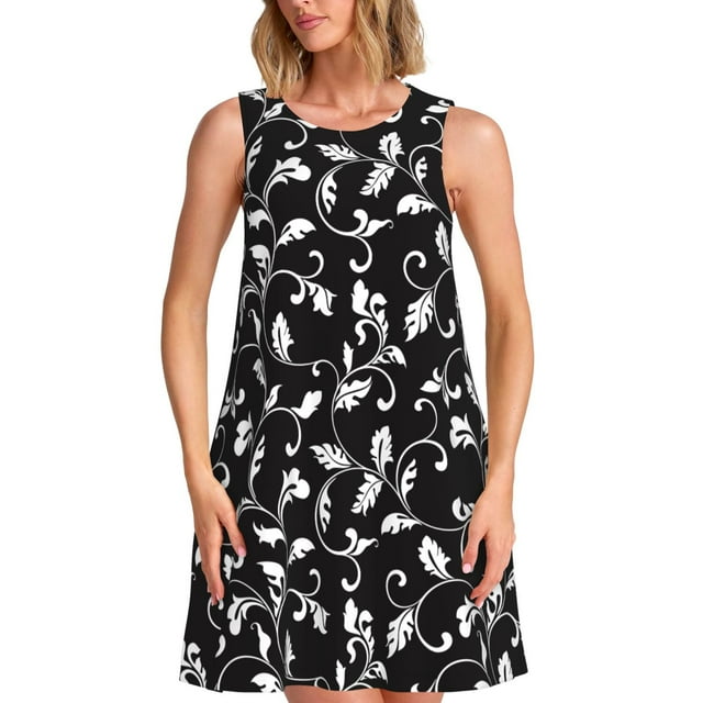 Fotbe Black White Leaves Vestido de Verano sin Mangas para Mujer – Vestido Midi Línea A, Estilo Camiseta Floral, Vestido Playero Casual y Fluido
