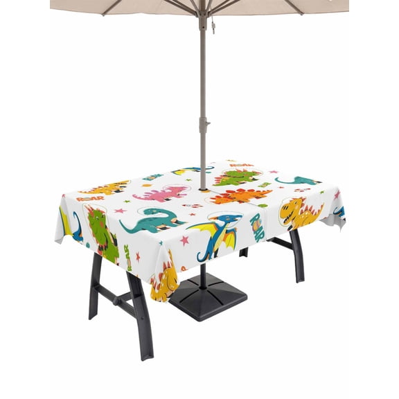 Outdoor Tablecloth with Umbrella Hole for Patio/Picnic/Party/Camping, Cute Dinosaur Waterproof Table Cloth Rectangle Table Cover Washable, Cartoon Dino Funny Boys Girls Children (60"x 120")