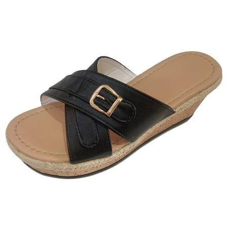 

Follure Girl women s casual shoes Summer Women s Slip-On Wedges Weave Beach Open Toe Breathable Sandals Shoes Black 39