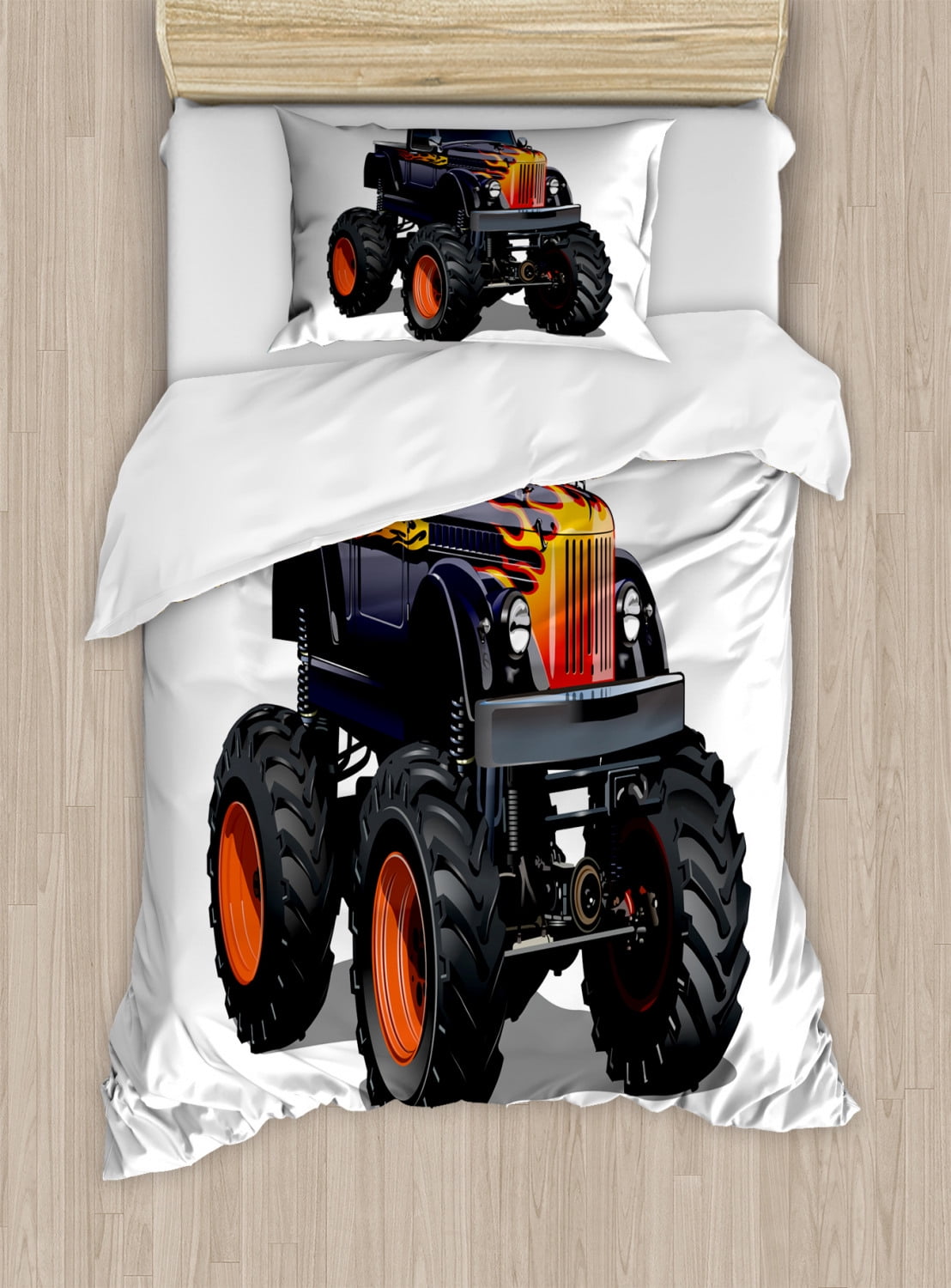 Truck Twin Size Duvet Cover Set, Flame Patterned Hood Cool Monster