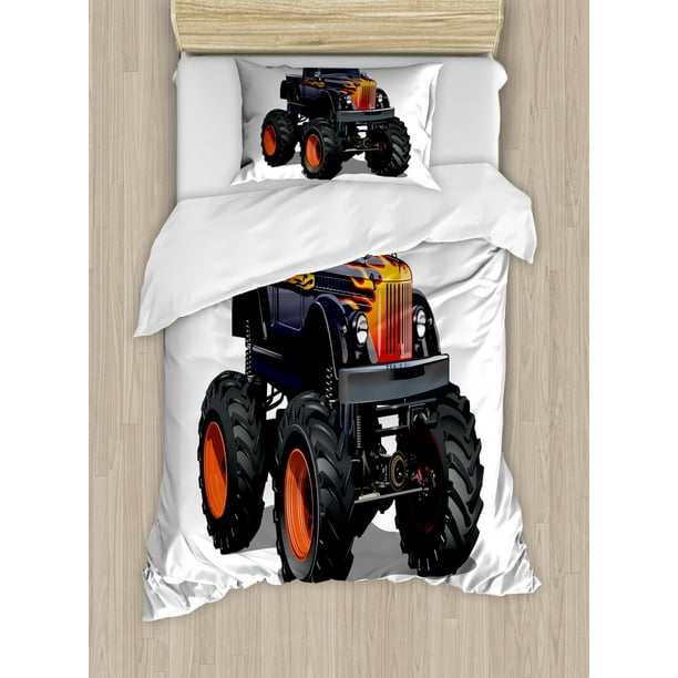 Truck Twin Size Duvet Cover Set, Flame Patterned Hood Cool Monster
