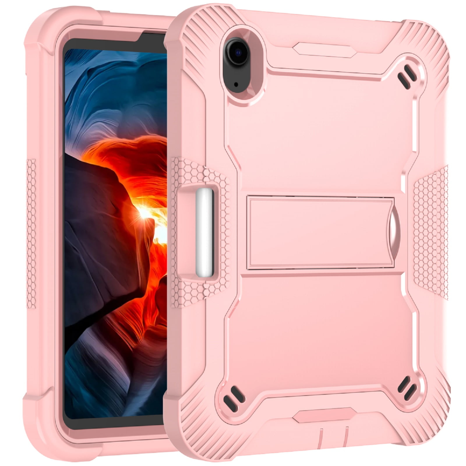 ELEHOLD for For iPad mini 7 (A17 Pro)2024/6th Rugged Case, Heavy Duty Shockproof 3-Layer Multi-Functional Hard Plastic＋PC Inner＋Soft Silicone Frame Case with Built-in Kicsktand Pen Holder,Rosegold
