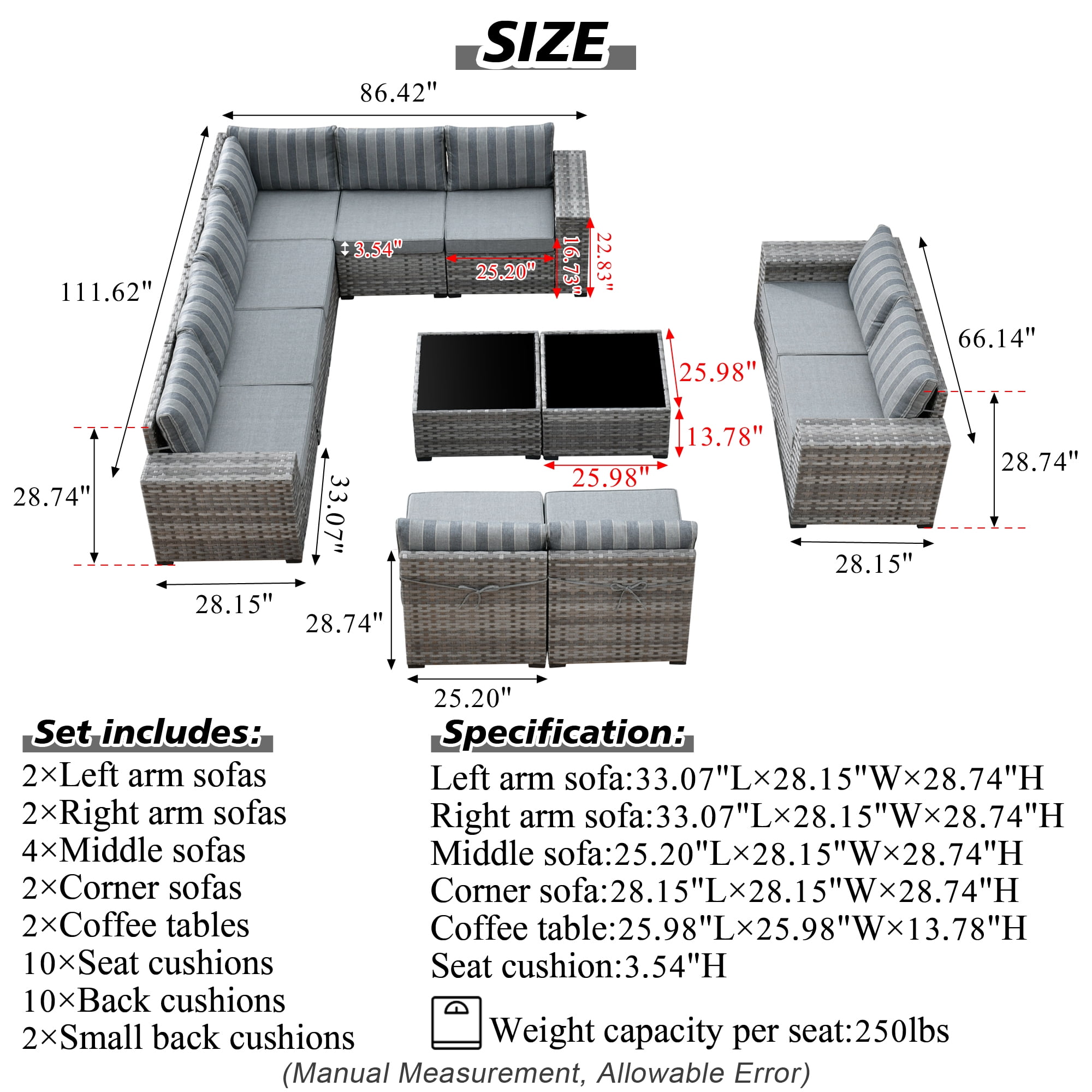Ovios 12 Pieces Outdoor Furniture All Weather Wicker Patio Conversation Sectional Sofa Set with Side Table for Garden Backyard