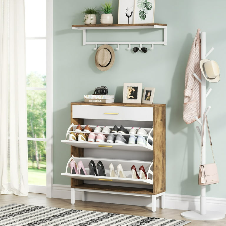 White Flip Drawer Shoe Cabinet & Wall Mounted Coat Rack Set, 3 Drawers  Narrow Shoe Storage Organizer - 30 wide White 