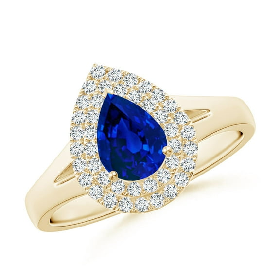 ANGARA Lab Grown Blue Sapphire Double Halo Engagement Ring for Women in 14K Yellow Gold (Size-7x5mm) | September Birthstone, Anniversary, Jewelry Gift for Women | Lab-Grown Blue Sapphire Ring
