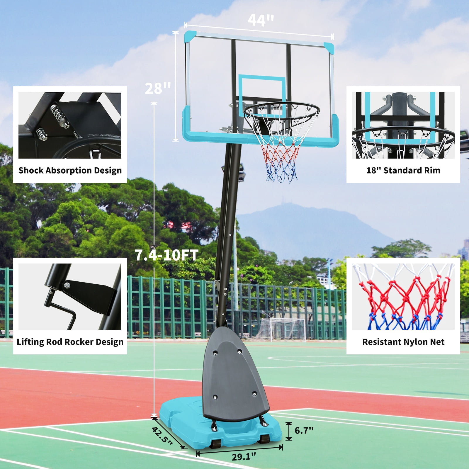 Portable Basketball Hoop Outdoor for Kids and Adults, 7.5-10ft Adjustable Basketball Hoop Goals Systems with Shatterproof Backboard, Larger Base, Segmart 44 inch Basketball Hoop for Backyard Court
