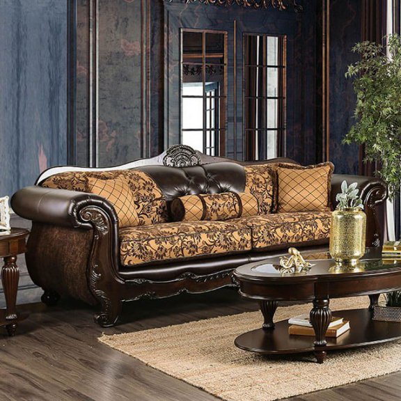 Traditional Tan/Dark Brown Leatherette Fabric 1pc Sofa Home Furniture