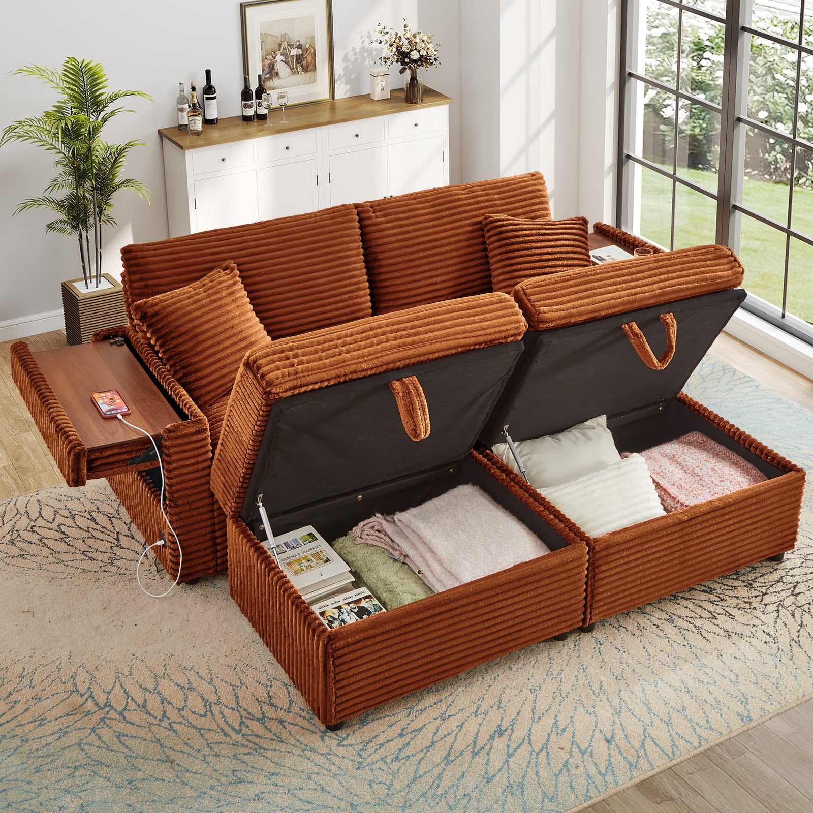 Muumblus Loveseat Sectional Sofa with 2 Storage Ottomans, Modular Cloud Couch with 2 Side Tables & USB, Plush Double Chaise Lounge Sofa Bed Indoor, Orange Corduroy