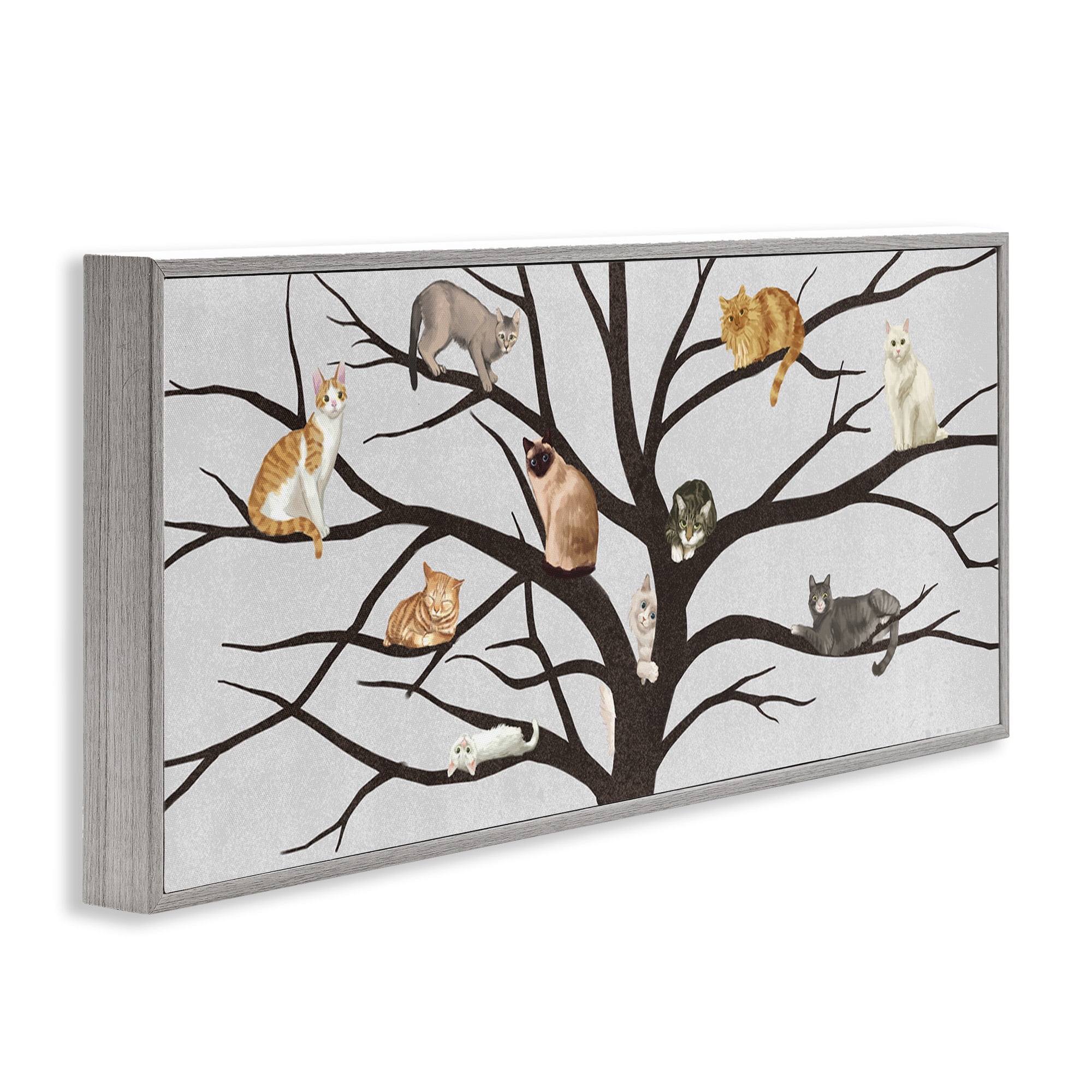 Stupell Industries Cats In Tree Pet Painting Animals & Insects Painting Gray Framed Art Print Wall Art, 24 x 10