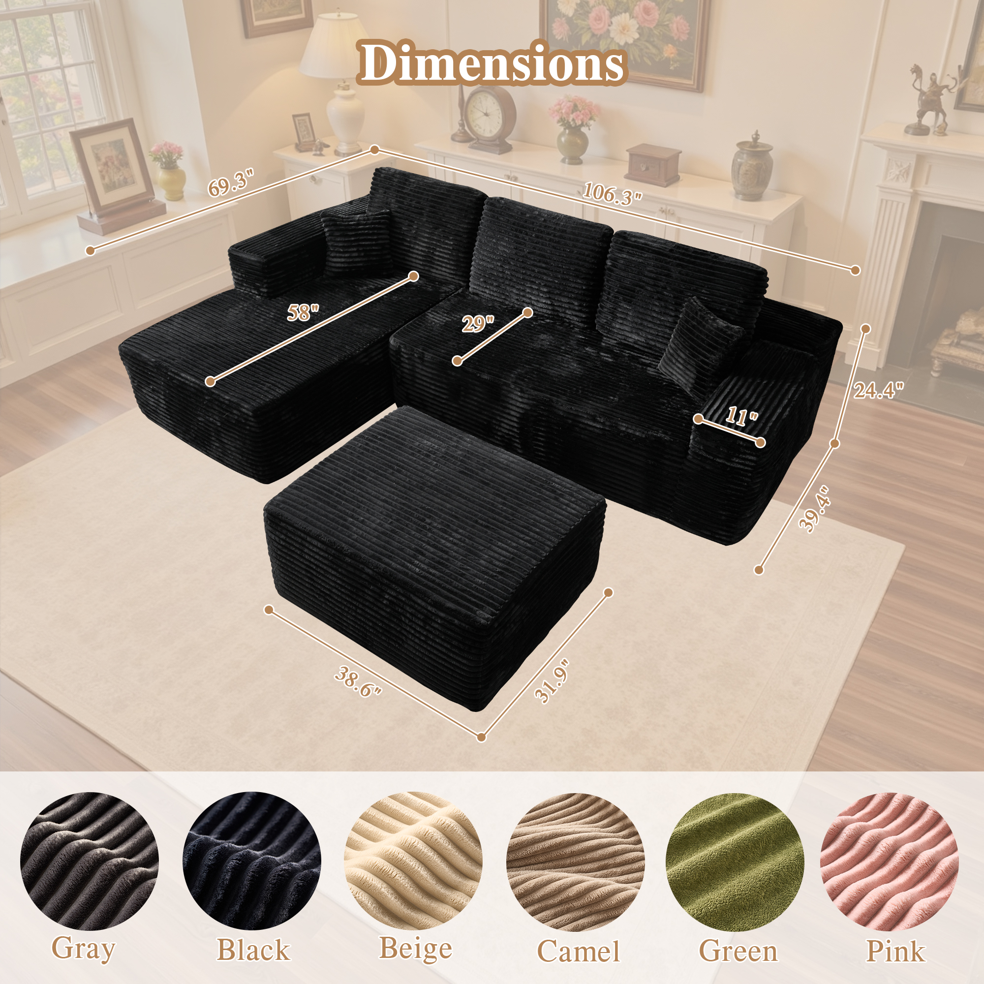 Ovios 106" Cloud Sofa Couch No Assembly Boneless Deep Seat Sofa with Ottoman for Living Room, Black (Plush Corduroy)