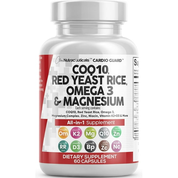 Clean Nutraceuticals COQ10 200mg Red Yeast Rice Omega 3 Magnesium Complex 500mg Niacin Zinc Vitamin K2 D3 - Heart Support Vitamins for Women & Men w/Vitamin B3, Coenzyme Q10-60 Ct