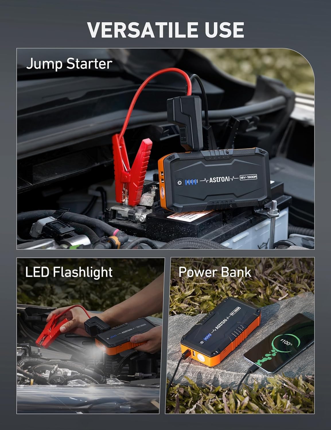 AstroAI S8 Orange Car Jump Starter: 1500A Peak for 6.0L Gas/3.0L Diesel, 12V Portable Battery Pack with 3-Mode Flashlight & Jumper Cables