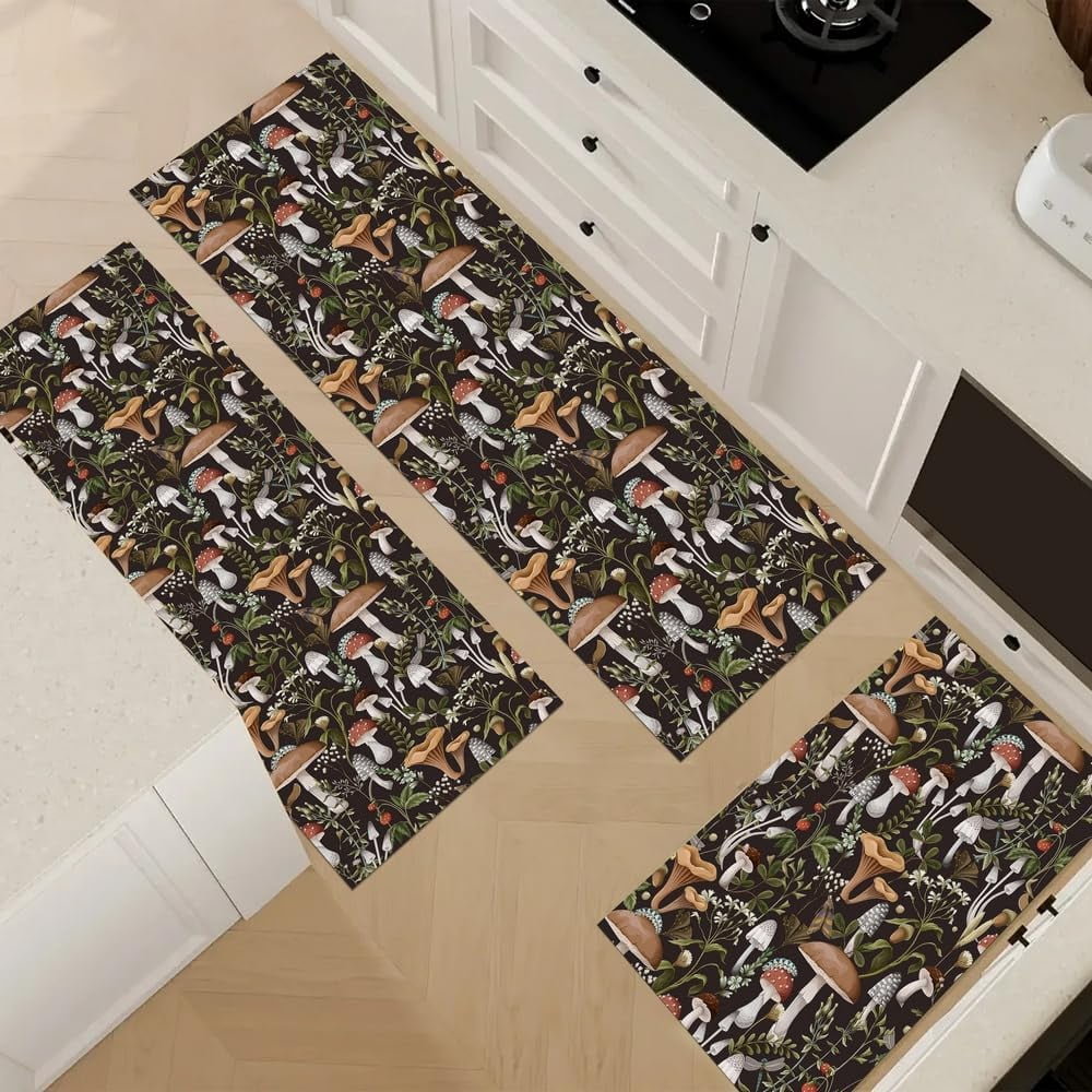 Boho Mushroom Print Kitchen Rugs Sets of 3,Non Slip Rubber Kitchen Mats for Floor Vintage Farmhouse Washable Kitchen Area Rugs Floor Carpet Runners for Hallway Laundry Room,Brown/Black/Green